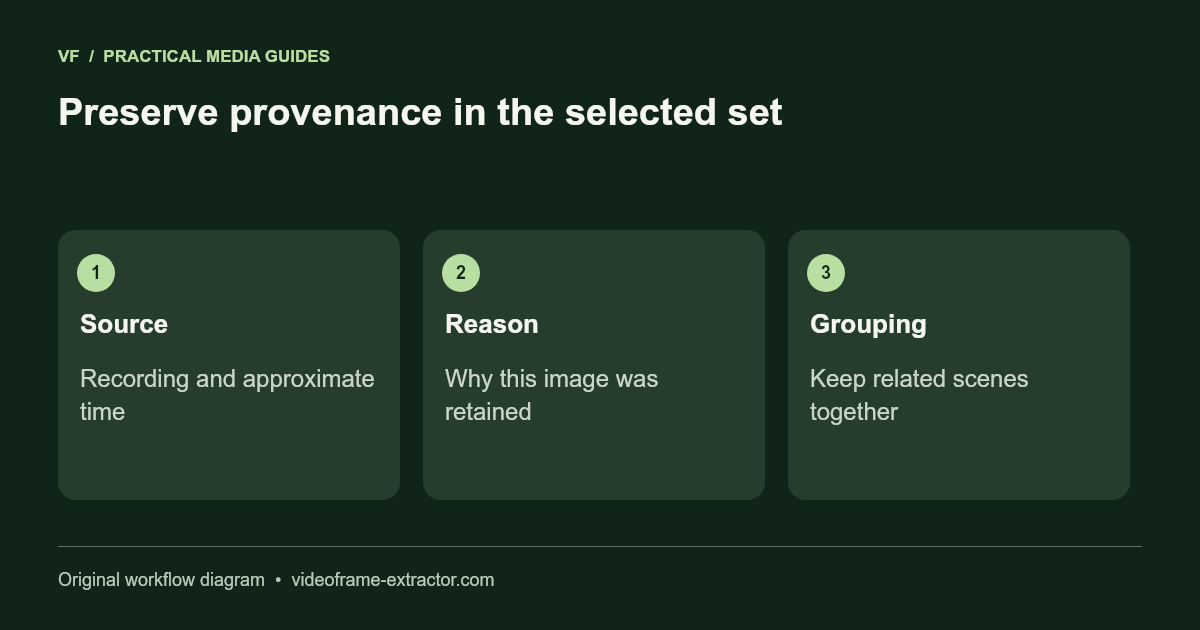Preserve provenance in the selected set. Source: Recording and approximate time; Reason: Why this image was retained; Grouping: Keep related scenes together.