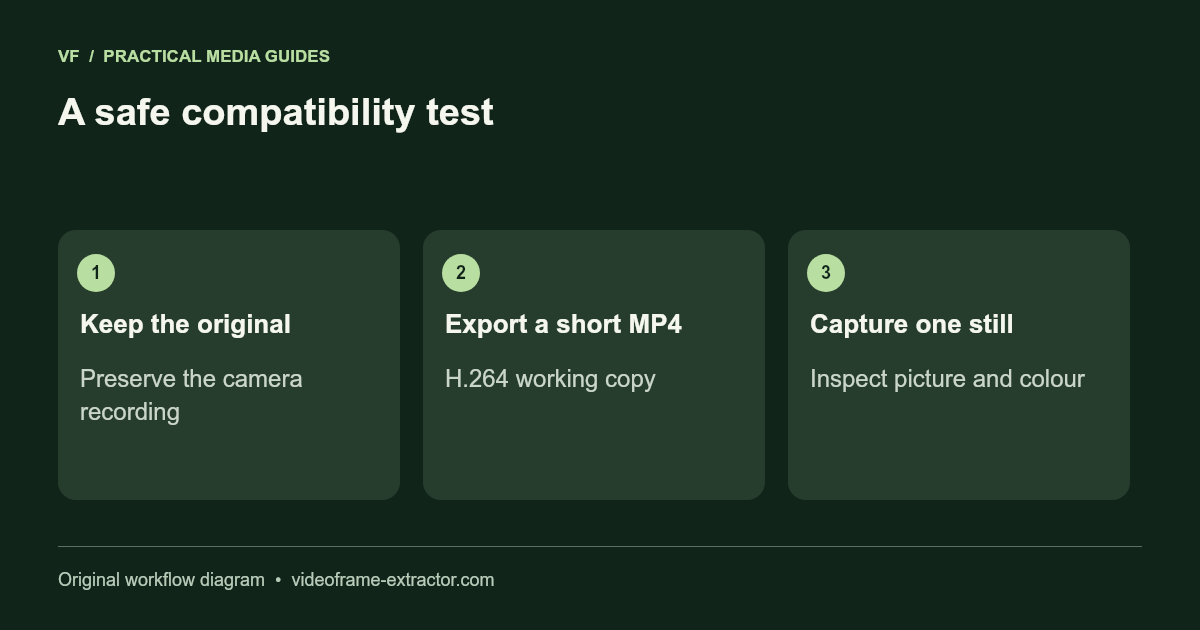 A safe compatibility test. Keep the original: Preserve the camera recording; Export a short MP4: H.264 working copy; Capture one still: Inspect picture and colour.