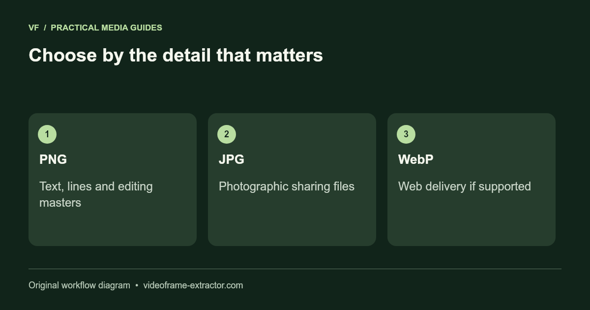Choose by the detail that matters. PNG: Text, lines and editing masters; JPG: Photographic sharing files; WebP: Web delivery if supported.