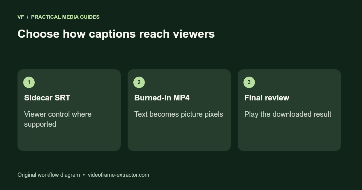 Choose how captions reach viewers. Sidecar SRT: Viewer control where supported; Burned-in MP4: Text becomes picture pixels; Final review: Play the downloaded result.