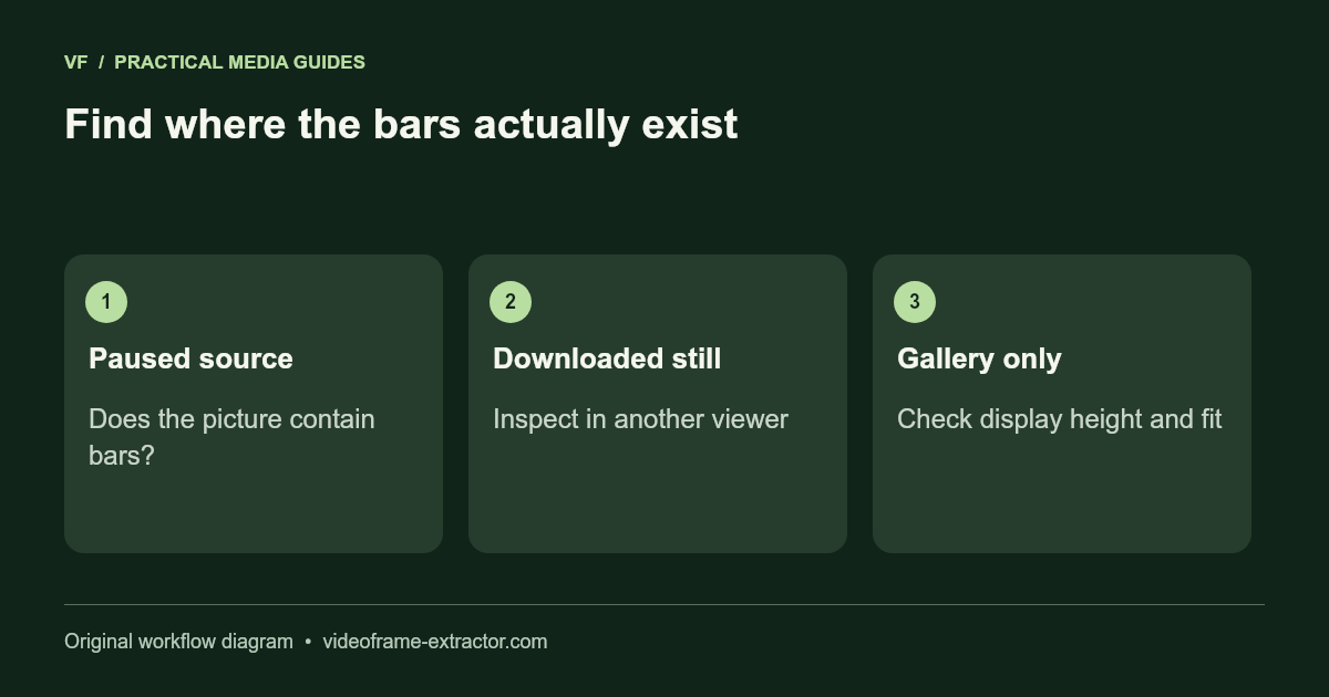 Find where the bars actually exist. Paused source: Does the picture contain bars?; Downloaded still: Inspect in another viewer; Gallery only: Check display height and fit.