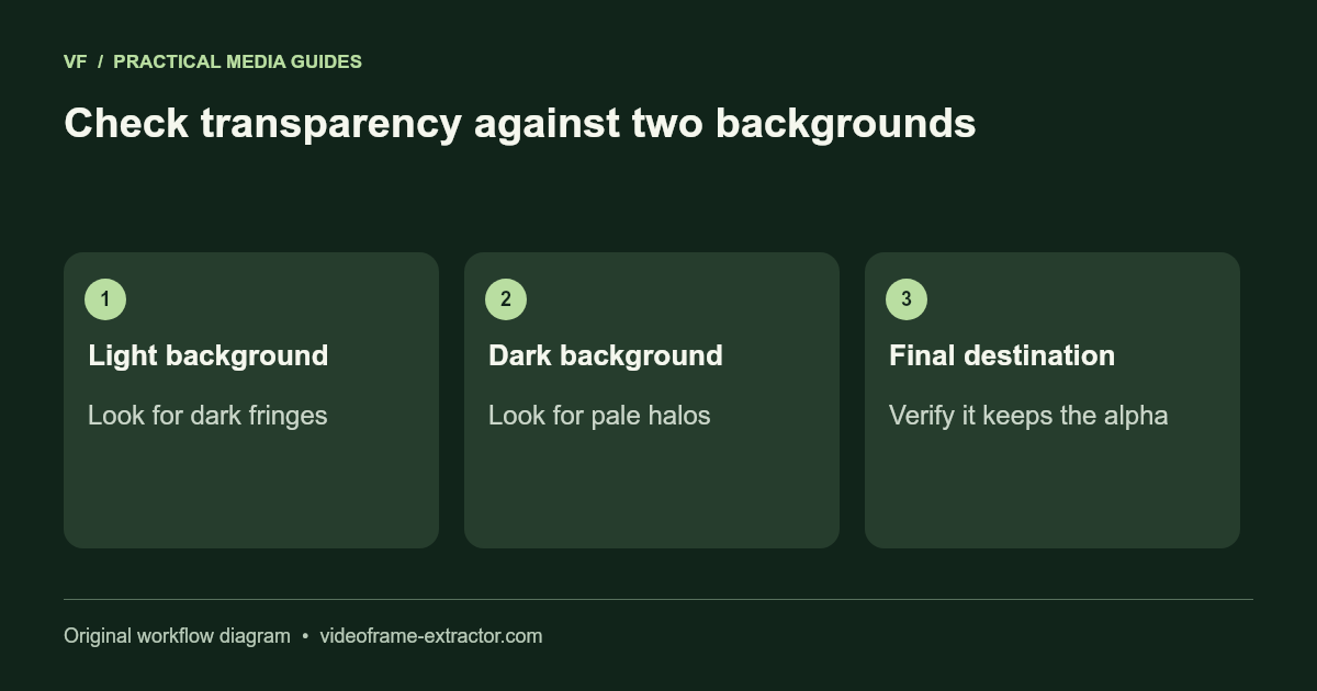 Check transparency against two backgrounds. Light background: Look for dark fringes; Dark background: Look for pale halos; Final destination: Verify it keeps the alpha.